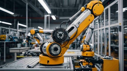 Industrial Robotic Arm Operating on Assembly Line in Advanced Manufacturing Facility. Generative AI