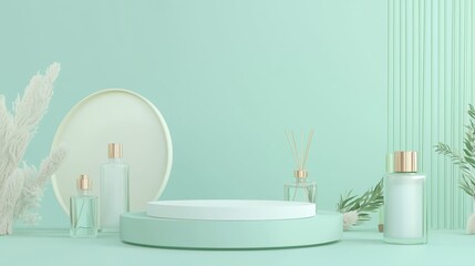 A modern 3D podium with ample empty space, surrounded by foot care products like creams and pumice stones, set against a light grey background, ideal for foot care displays