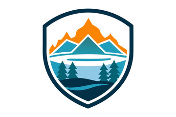 Modern Emblem with Natural Elements: Mountains, Trees, and Water