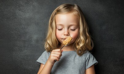 Fototapeta premium Curious Child Explores Taste: Little Girl Examines Peanut Butter Spoon with Wonder. Joyful Weekend Snack Time Capturing Childhood Discovery and Culinary Adventure. Perfect for Back-to-School, Nutritio