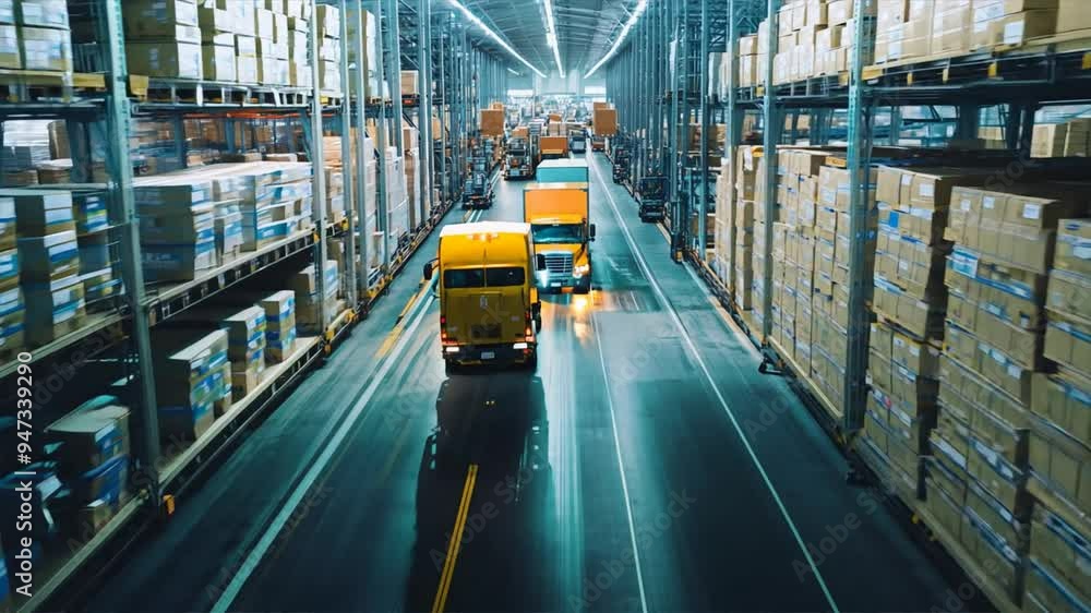 Poster automated warehouse with boxes on conveyor belts and robots transporting packages, representing mode