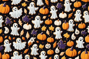 Naklejka premium Halloween pumpkin chokies with ghost bat illustration for autumn holiday