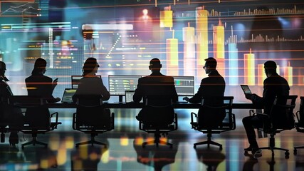 Strategic Silhouettes: The Future of Finance - A team of financial analysts huddle in a darkened command center, illuminated by the vibrant glow of stock market data, their silhouettes a testament to - Powered by Adobe