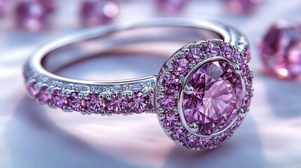 Fancy Design of a Large Round Cut Amethyst and Diamonds Ring on Neutral Background	