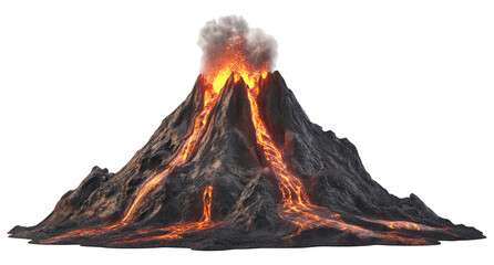 Erupting volcano with lava flowing down sides, cut out
