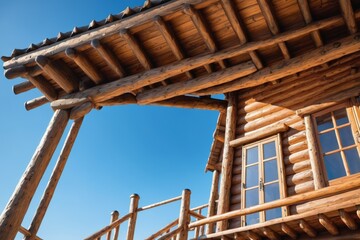 Wooden cabin nestled amidst Norway's majestic mountains, overlooking a serene landscape of lush greenery