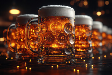 Various Beer Mugs with Foam and Lights