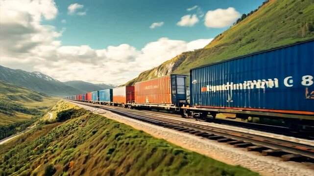 A long freight train with colorful containers traveling through scenic green hills under a bright blue sky on a sunny day.
