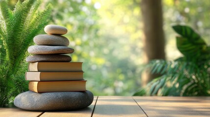 Obraz premium Serene Podium with Mindfulness and Holistic Health Books in Nature Background