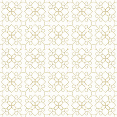 Seamless pattern with flower shapes consisting of intertwined golden thin lines on a white background. Suitable for various creative projects or decorative elements.