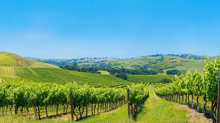 Fototapeta premium Green Vineyard Rows With Rolling Hills and Blue Sky