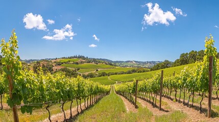Naklejka premium Vineyard Landscape with Rows of Grapevines and Blue Sky