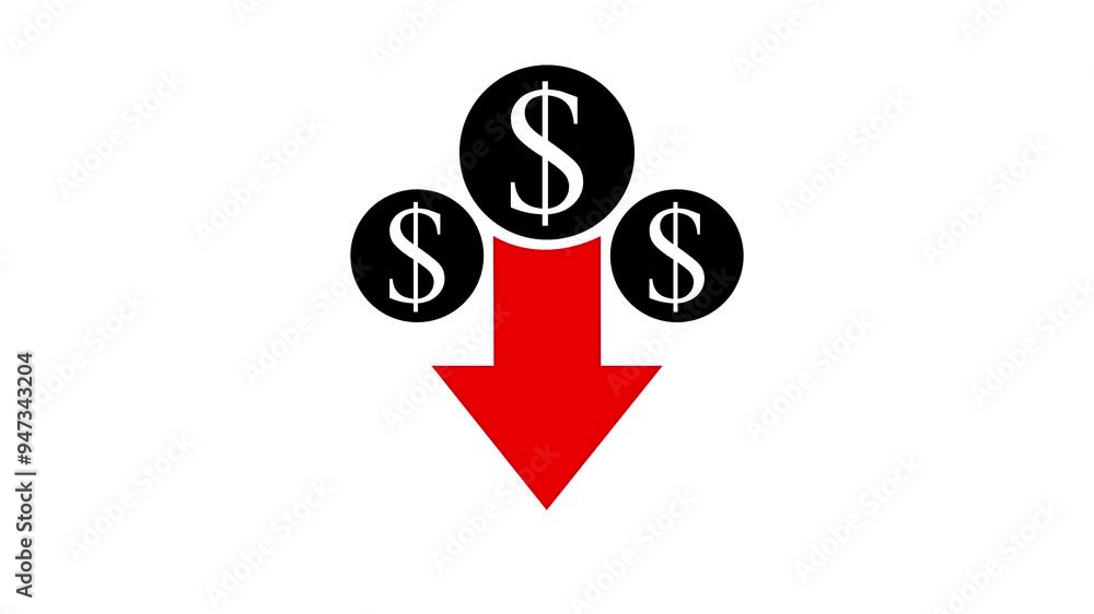 Poster dollar sign icon and down black and red color arrow isolated on transparent black background and mon