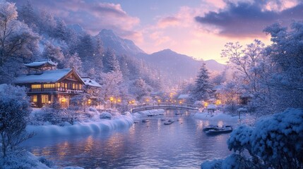 Fototapeta premium The serene and magical atmosphere of Ningle Terrace at dusk, with snow covering the landscape.