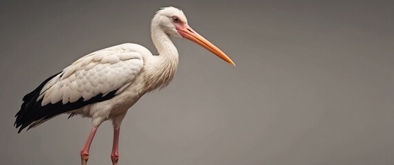 Fototapeta premium White Stork with Black and White Wing Feathers and Long Orange Beak