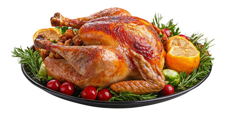 Delicious roasted turkey with rosemary and lemon on white plate, cut out