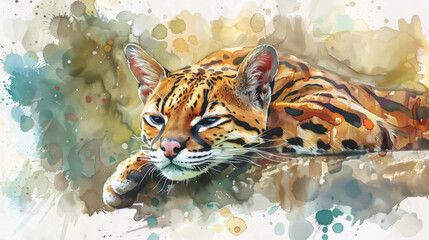 Fototapeta premium Watercolor painting of a resting leopard in a jungle setting, showcasing its vibrant fur pattern and serene expression.