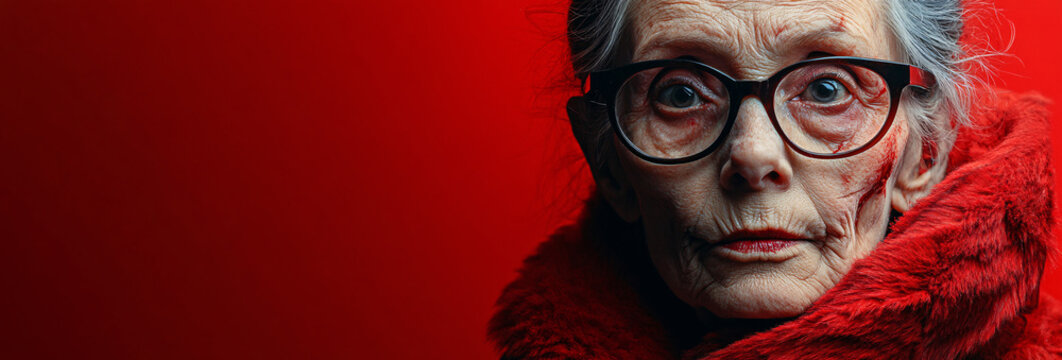 An old woman in a chilling zombie costume isolated on a vivid background, perfect for Halloween events and scary makeup demonstrations.