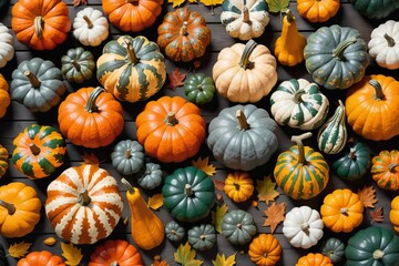 Pile of colorful pumpkins and gourds for autumn harvest.