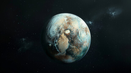 Obraz premium Detailed artistic depiction of a distant planet in space, showcasing surface textures and cosmic surroundings.