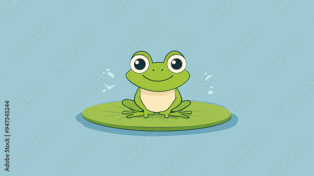 Poster a simple vector illustration of a frog on a lily pad, showcasing a clean minimalist design and playf