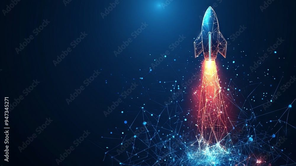 Poster digital growth arrows up and abstract rocket launch on dark blue technology background. glowing conn