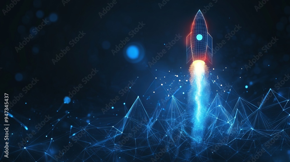 Poster digital growth arrows up and abstract rocket launch on dark blue technology background. glowing conn