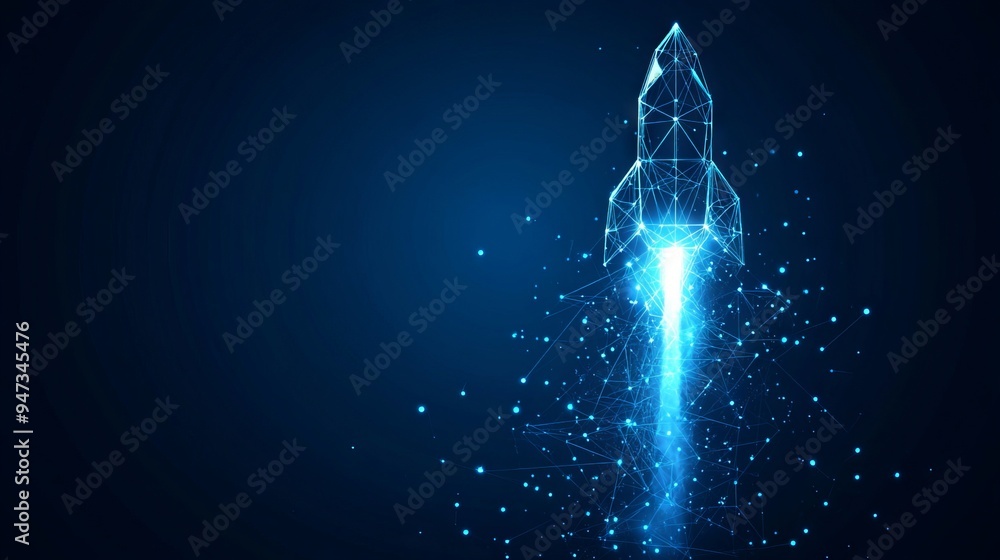 Poster digital growth arrows up and abstract rocket launch on dark blue technology background. glowing conn