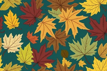 A seamless pattern of autumn leaves with vibrant shades of orange, yellow, and red featuring maple and oak leaves, capturing the essence of fall nature in a vector design.
