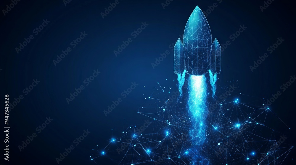 Poster digital growth arrows up and abstract rocket launch on dark blue technology background. glowing conn