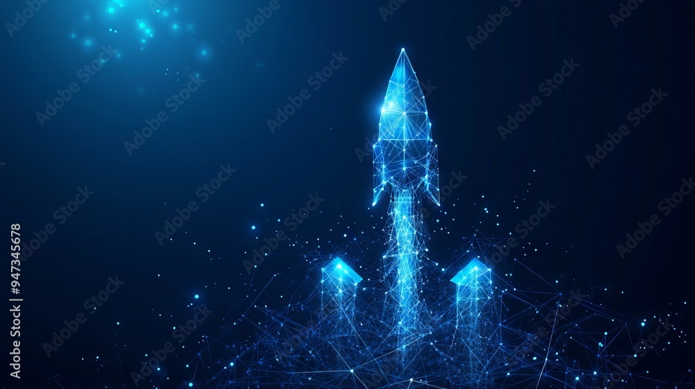 Poster digital growth arrows up and abstract rocket launch on dark blue technology background. glowing conn