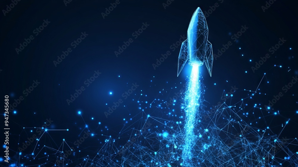 Poster digital growth arrows up and abstract rocket launch on dark blue technology background. glowing conn