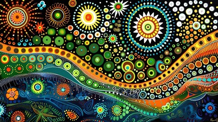 Dreamtime Story of the Land in Australian Aboriginal Dot Painting Style Art