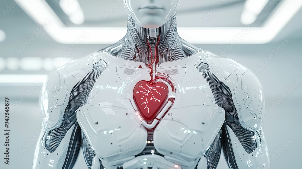 Poster cyborg with artificial heart futuristic technology ai humanoid artificial intelligence robotics