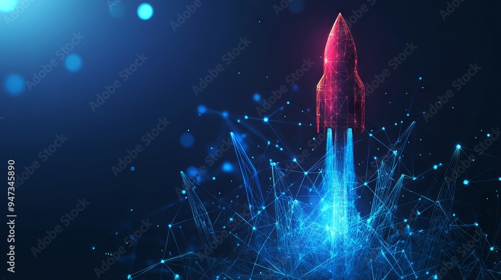 Poster digital growth arrows up and abstract rocket launch on dark blue technology background. glowing conn
