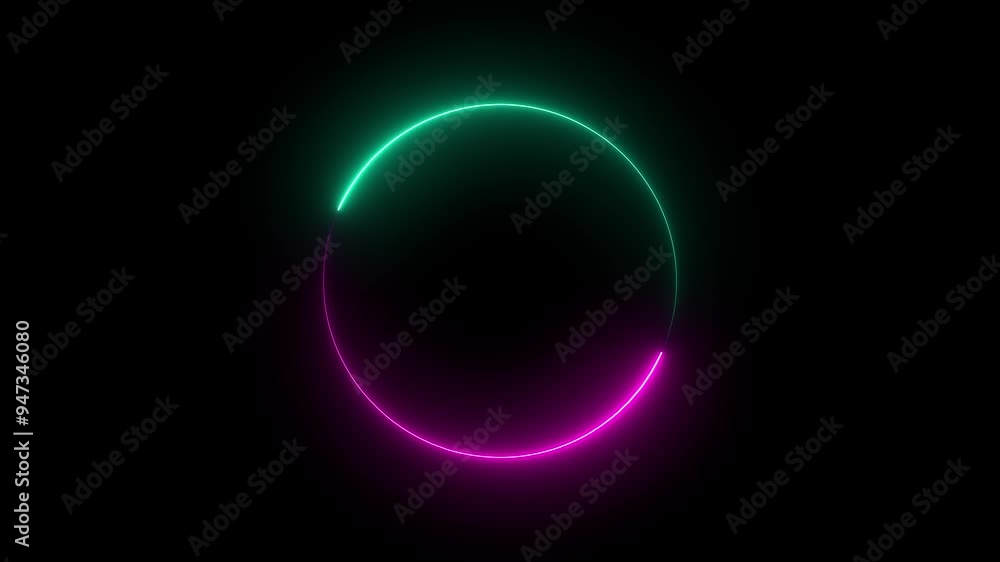 Poster glowing purple and green color neon light motion in circle frame shape on black screen background, g