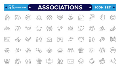 Society web icons in line style. Team, group, people, teamwork, social, association, cooperation, collection. Associations outline icon set. Editable stroke outline icon. 