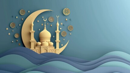 Ramadan Kareem made of paper art with 3D gold metal crescent moon, hanging stars, paper cut clouds, mosque. Arabic style arch with traditional pattern