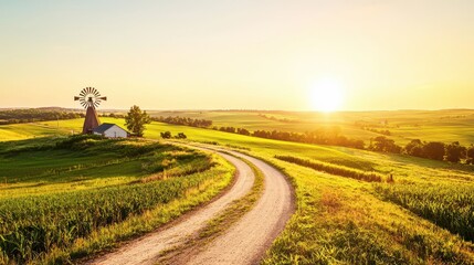 Naklejka premium Rural Countryside Road with Windmill and Sunset