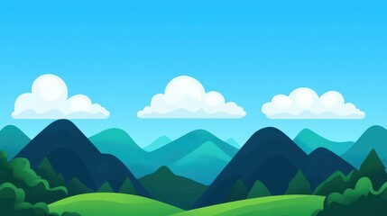 A stunning vector illustration of a serene mountain landscape, complete with green mountains, hills, and fluffy clouds.