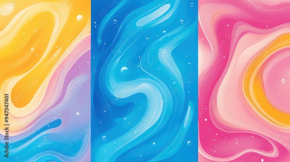 Poster dive into a vibrant world with this colorful abstract geometric background featuring fluid wave text