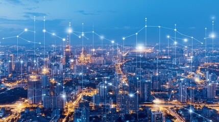 Smart City Network with Connected Dots and Lines Over Night Skyline