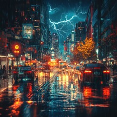 Fototapeta premium A vibrant urban scene with neon lights reflecting on wet streets during a thunderstorm, creating a dramatic and moody atmosphere.