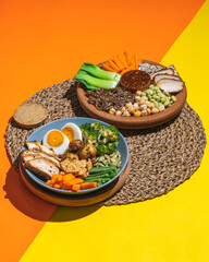 Top view healthy food with pop color background