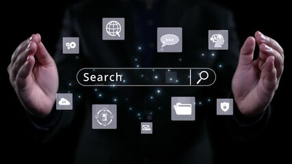 Business person conducts search engine research, extracting valuable data for strategic decisions. Utilizing search engines for comprehensive research and SEO data analysis. UUID