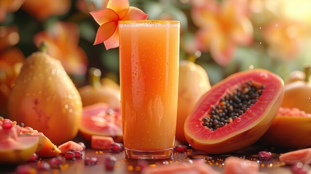 In C4D style, papayas retain their juice to become tropical papaya juice, with realistic details, vibrant colors, and sharp focus