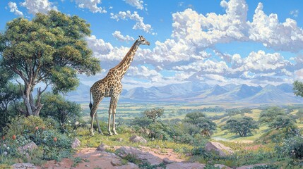 Obraz premium Giraffe in African Landscape with Mountains and Clouds