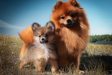 Ein niedlicher Zwergspitz mit seinem Jungtier