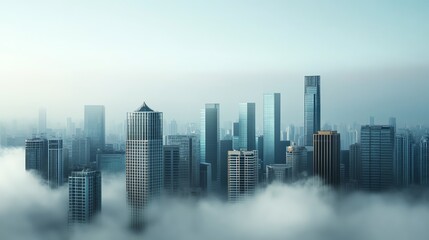 Obraz premium Modern city skyline with skyscrapers emerging through the morning mist, creating a serene and dreamy urban landscape.