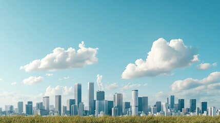 Modern city skyline with tall skyscrapers under a clear blue sky and fluffy clouds, viewed from a grassy field.